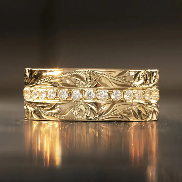 Yellow Gold Carved Pattern Ring Wedding Band Women for Party Jewelry