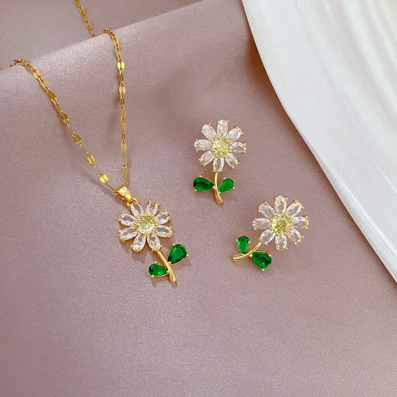 Rotatable Flower Ring 3pcs SetEarrings Spinning Mood Four Leaf Clover Jewelry