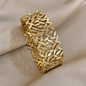 Charm Leaf Gold Wide Bangles Bracelet for Women Wrist Jewelry