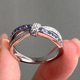 Purple Amethyst Cross Ring White Zircon Women Wedding Luxury Jewelry