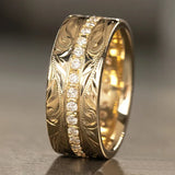 Yellow Gold Carved Pattern Ring Wedding Band Women for Party Jewelry