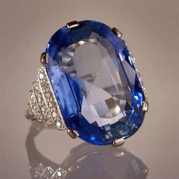 Big Oval Blue Sapphuire Ring Anniversary Party Birthday Women Jewelry