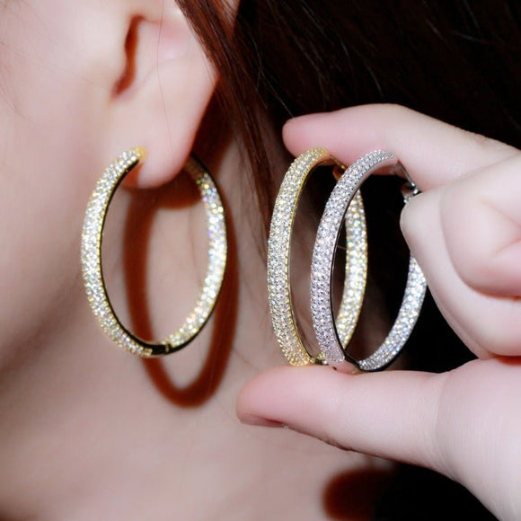 Big Round Double Hoop Earrings Gold Zircon for Women Jewelery - Genuine - Gemstone