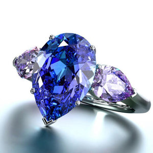 Blue Triple Zircon Ring WaterDrop Women Wedding Jewelry - Genuine - Gemstone