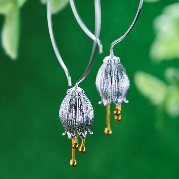 Fresh Bell Flower Dangle Earrings Silver For Women Fine Jewelry - Genuine - Gemstone