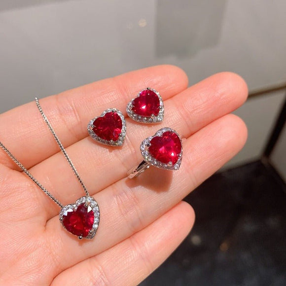 Heart Ruby Gemstone Jewelry Set Women Pendant Necklace Earrings Ring - Genuine - Gemstone