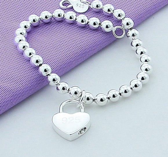 Lover Bead Bracelet 925 Sterling Silver Women Heart Lock Jewelry - Genuine - Gemstone