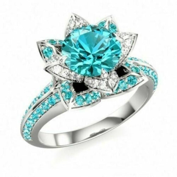 Luxury Aquamarine Inlaid Ring Gift for Women Anniverssary Jewelry - Genuine - Gemstone