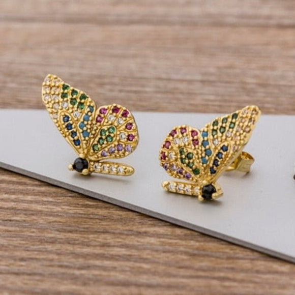 Luxury Butterfly Rainbow Stud Earrings 14K Gold For Girls Anniversary Party Jewelry - Genuine - Gemstone