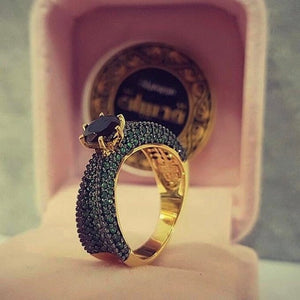 Luxury Gold Black Ring Set Women Engagement Wedding Jewelry - Genuine - Gemstone