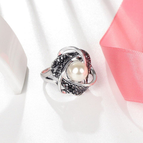 Luxury Hollowed Pearl Ring Women Bridal Wedding Jewelry - Genuine - Gemstone