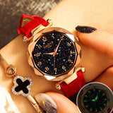 Luxury Starry Sky Watch For Women Red Leather Jewelry - Genuine - Gemstone