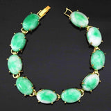 Natural oval chalcedony green stone jade gold chain bracelet wedding jewelry - Genuine - Gemstone