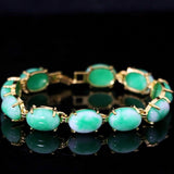 Natural oval chalcedony green stone jade gold chain bracelet wedding jewelry - Genuine - Gemstone