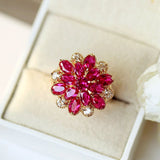 Pink Flower Wedding Ring For Women Snowflake Rose Gold Jewelry - Genuine - Gemstone