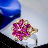 Pink Flower Wedding Ring For Women Snowflake Rose Gold Jewelry - Genuine - Gemstone