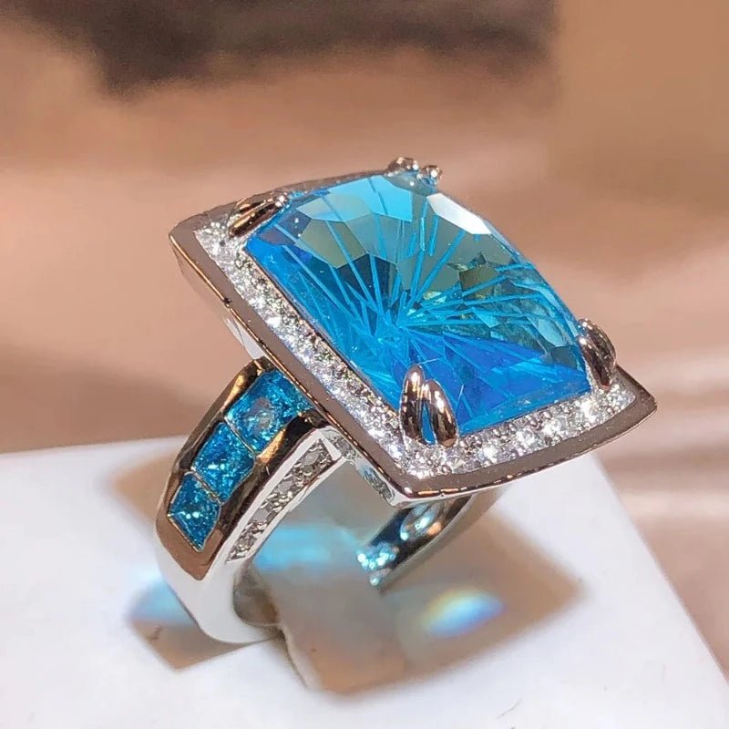 Rectangle Blue Topaz Ring for Women Silver Engagement Bridal Jewelry - Genuine - Gemstone