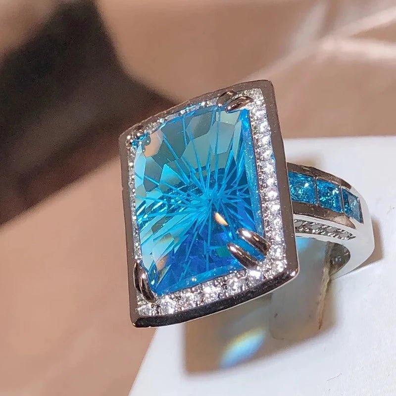 Rectangle Blue Topaz Ring for Women Silver Engagement Bridal Jewelry - Genuine - Gemstone