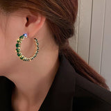 Round Green Emerald Inlay Hoop Earrings for Women Engagement Jewelry - Genuine - Gemstone