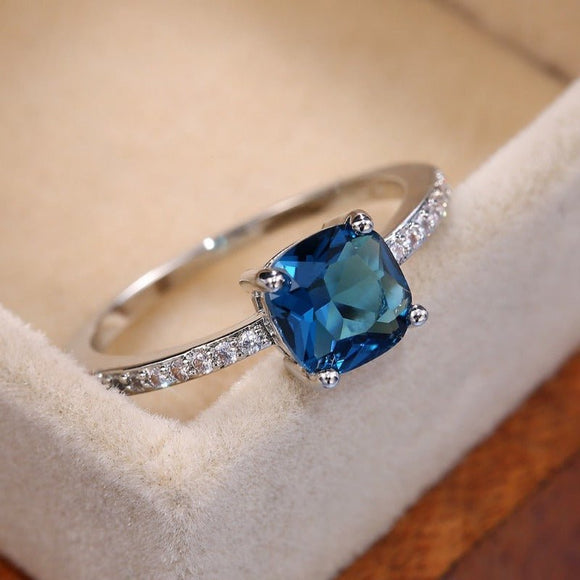 Square Blue Gemstone Ring Women Engagement Jewelry - Genuine - Gemstone