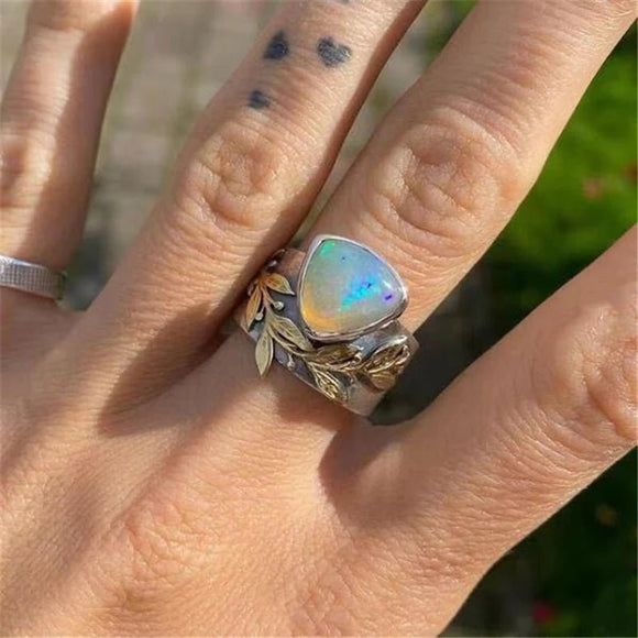 Trendy Moon Opal Heart Ring For Women Leaf Party Anniverssary Jewelry - Genuine - Gemstone