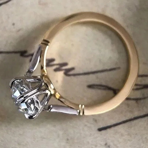 Two Tone Round Zircon Ring for Women Wedding Engagement Ring Jewelry - Genuine - Gemstone