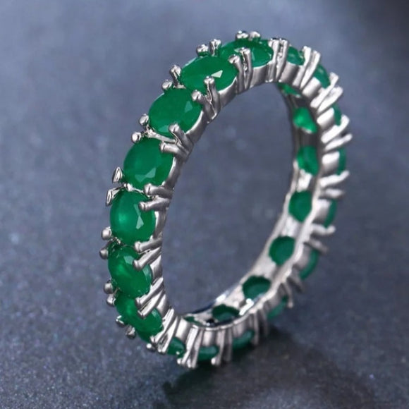 Green Emerald Gemstone Ring Silver Cocktail For Women Wedding Jewelry