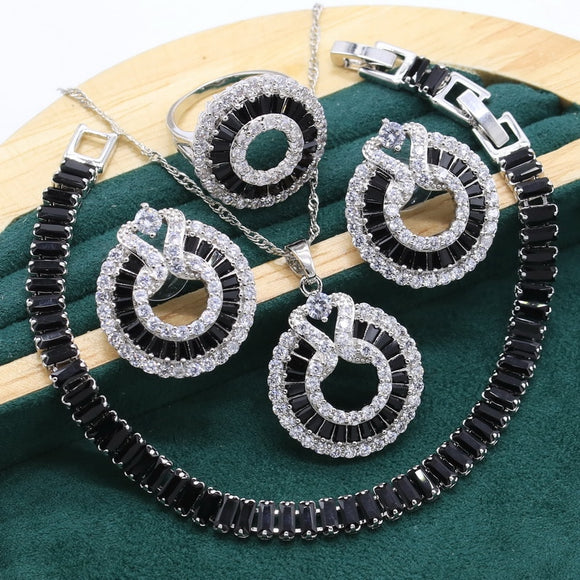 Luxurious Black Crystal Jewelry Set For Women Silver Birthday Jewelry
