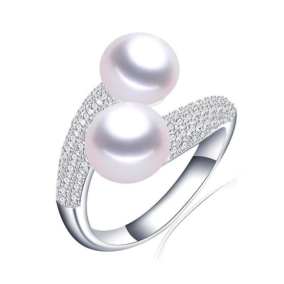 Natural Freshwater Pearl Ring 925 Silver Double Women Bridal Jewelry