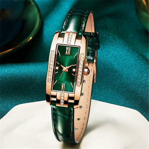 Women Diamond Watch Green Retro Leather Strap Jewelry