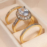 Luxury 3Pcs 14K Gold Ring Set for Women Zircon Wedding Jewelry