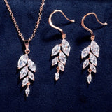 White Sapphire Leaf Hook Earrings Necklace Set for Women Bridal Jewelry