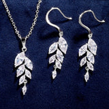 White Sapphire Leaf Hook Earrings Necklace Set for Women Bridal Jewelry