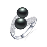 Natural Freshwater Pearl Ring 925 Silver Double Women Bridal Jewelry