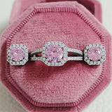 2pcs Cushion Cut Pink Zircon Jewelry Set Ring Stud Earring Engagement For Women