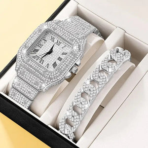 2Pcs Set Diamond Gold Watch Women Wrist Watches Jewelry