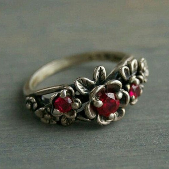 Vintage Bohemian Flower Red Ruby Ring for Women Silver Engagement Jewelry
