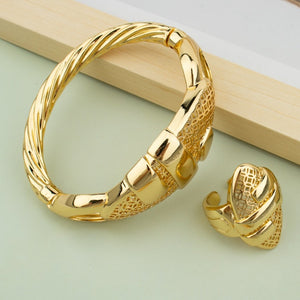 Women 18K Gold Jewelry Set Cuff Bangle Ring Bracelet Wedding