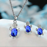 Luxury Aquamarine Turtle Jewelry Set Women Silver Necklace Earrings