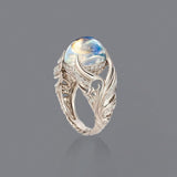 Antique Silver Guardian Angel Ring Green Moonstone for Women Jewelry
