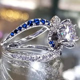 Luxury Blue Half White Sapphire Ring Women Wedding Jewelry