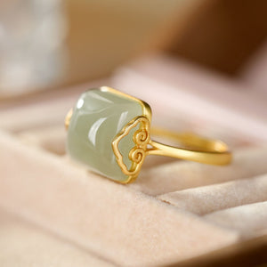 Genuine Hetian Jade Temperament Ring Retro Gold Anniverssary Jewelry