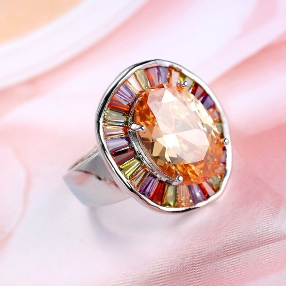 Big Champagne Zircon Ring Round Silver Jewelry for Women