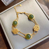 Antique Hetian Jade Bracelet 14k Yellow Gold For Women Jewelry