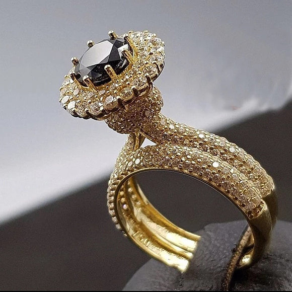 Back Zircon Gemstone Ring Set Gold Women Bridal Jewelry