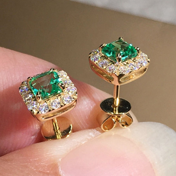 Eternity Green Emerald Stud Earrings for Women Gold Wedding Jewelry