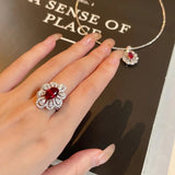 Luxurious Floral Red Ruby Ring Women Wedding Engagement Jewelry