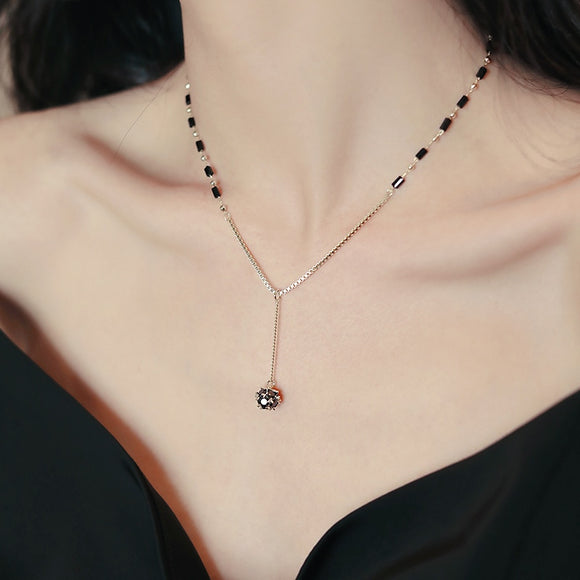Black Zircon Gem Pendant Necklace Jewelry For Women Party Girls Accessories