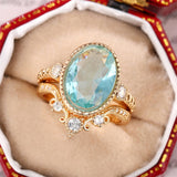 2Pcs/Set Sky Blue Gemstone Ring Women for Party Gold Jewelry