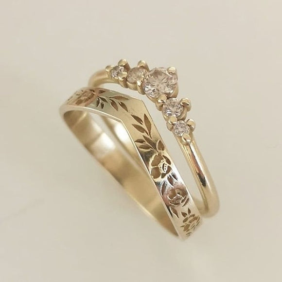 Vintage Carved Gold V-shaped Ring Set Women Wedding Wedding Jewellery